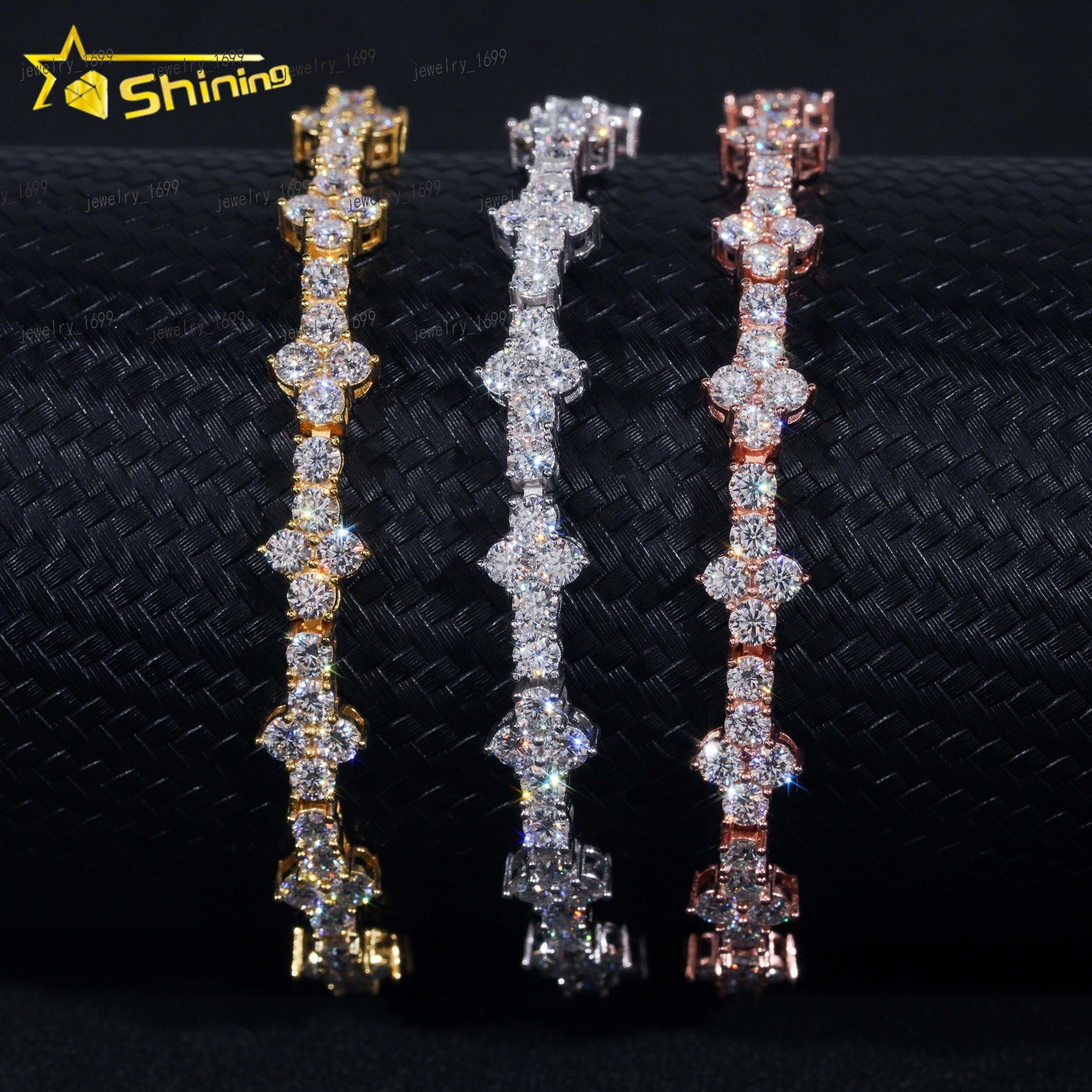 Stylish New Arrival Fashion Femme Design 925 Silver VVS Moissanite Diamond Iced Out Four Leaf Clover Cross Tennis Chain Bracelet
