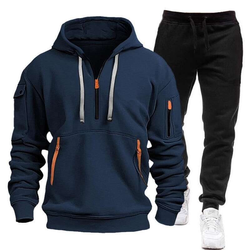 Autumn Winter Pullover Sweatshirt Zipper Multi Pocket Hoodie Sweatpants Men's Set Sports Casual Jacket B5