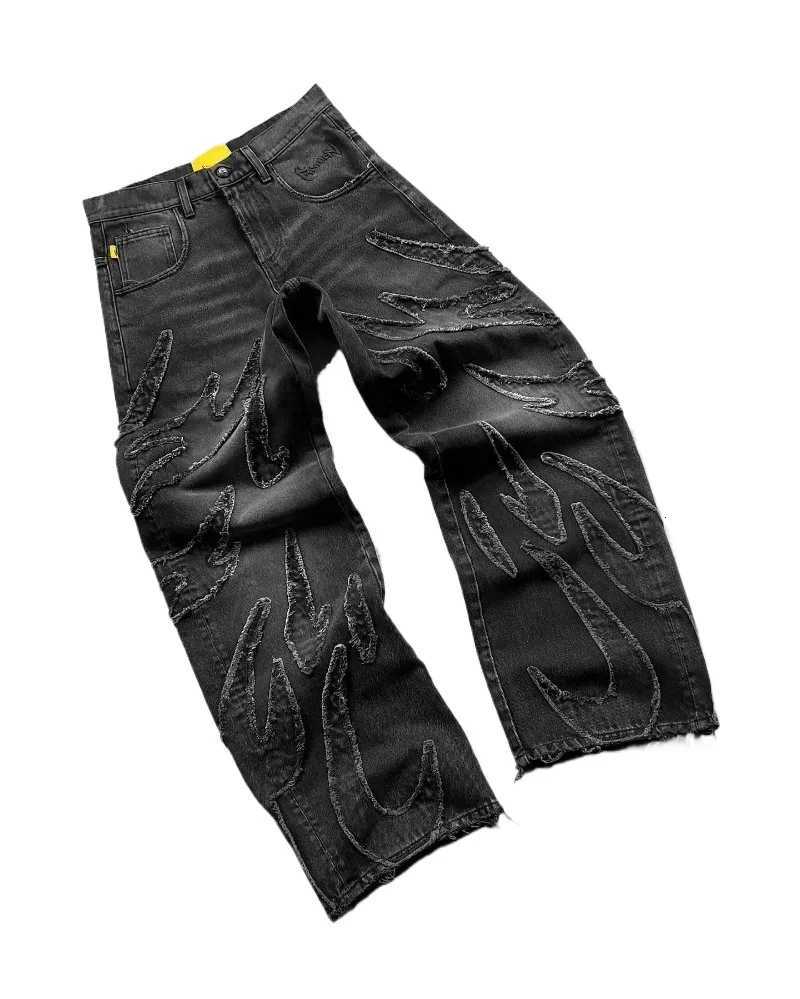 Streetwear Fashion Retro Hip Hop Flame Embroidery Loose High Waisted Men Jeans Female Y2K New Harajuku Gothic Wide Leg Pants X250718
