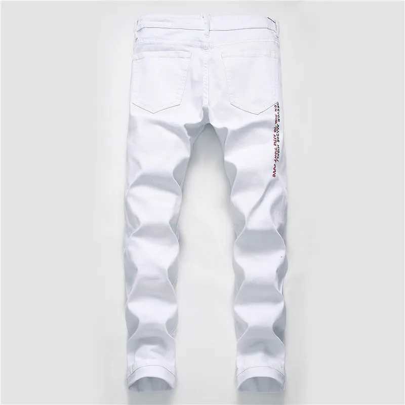 New Men Streetwear Personality Ripped Printed White Skinny Jeans Hip Hop Punk Casual Motorcycle Stretch Denim Jeans Trousers X250812