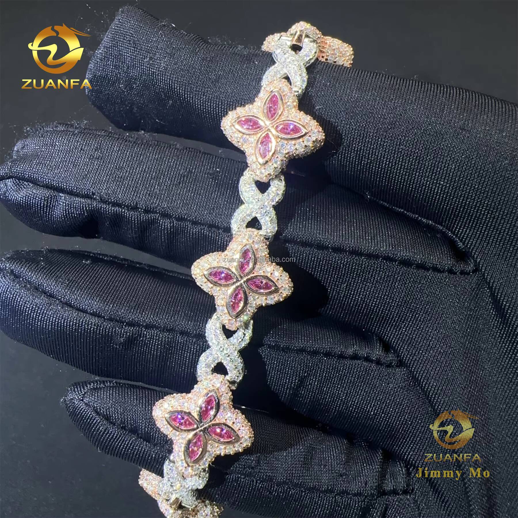 New Design 15mm Marquise Flower Luxury Jewelry Hip Hop Jewelry Iced Out Pink Moissanite Diamond Infinity Cuban Link Bracelet
