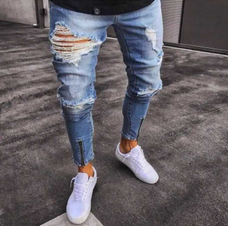 Mens Fashion Street Ripped Jeans European and American Casual Non-Stretch Zipper At The Ankle Slim Jeans for Autumn S-XXXL X250718