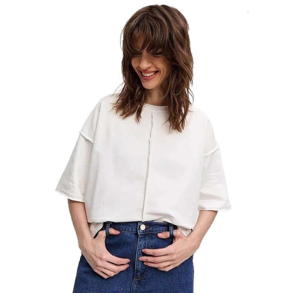 Spring Summer New Loose Cotton T-Shirt For Women Distressed Short Sleeve Patchwork Top B5