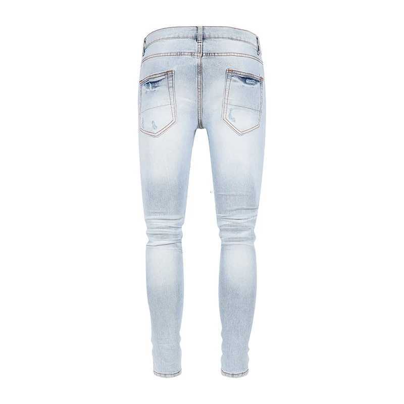 Fashionable with stretch slim fit perforated blue patch washed light blue jeans high street hip-hop brand designer X250718