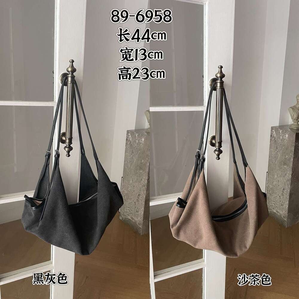 Lazy Style Vegetable-Tanned Suede Double-Handle Hobo Fashionable Single-Shoulder Crossbody Large Capacity Commuter Bag New Model