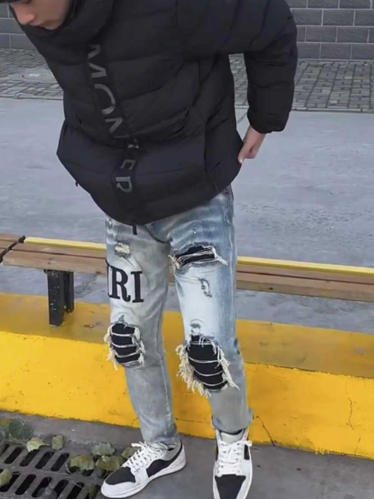 Slim Fit Black Letter Fake Hole Patch Tassel Jeans Long Pants Trendy Youth Casual Wear Middle Waist Zipper Closure Versatile X250718