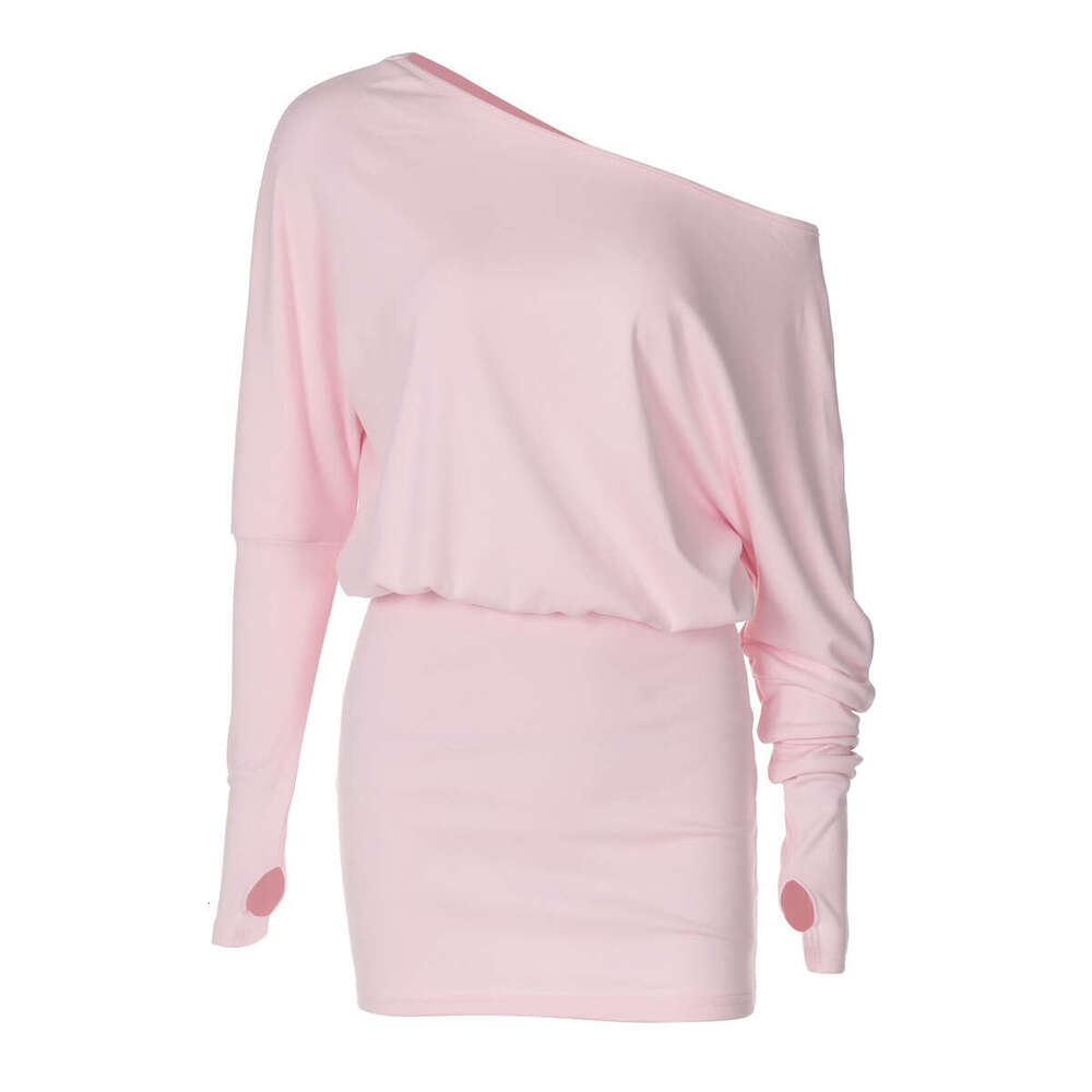 Ins Style Women's Autumn New Personality Asymmetric Neck Off-Shoulder Long Sleeve Fake Two-Piece Waist Slimming Bodycon Dress B5