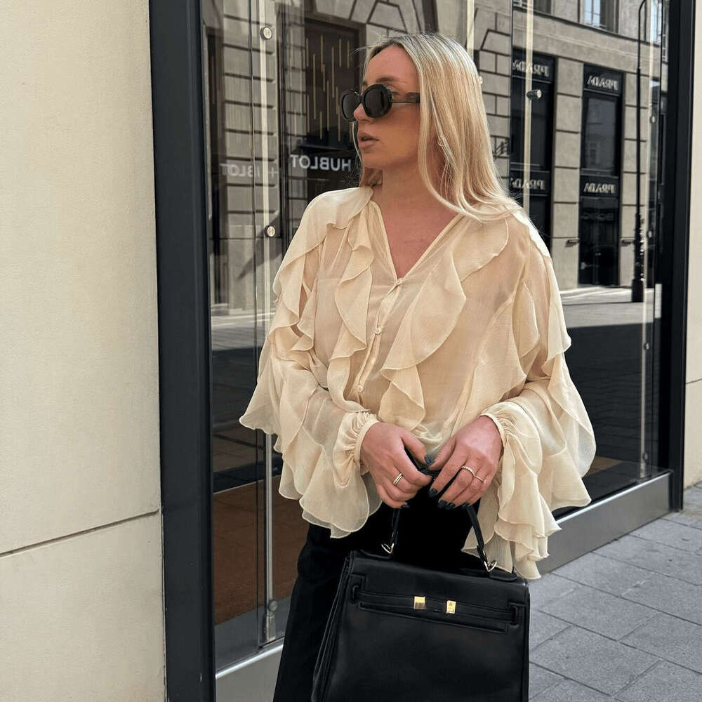 TRAFZA Spring Summer Women's V-Neck Layered Decorative Versatile Long Sleeve Shirt Pullover Top For Women B5