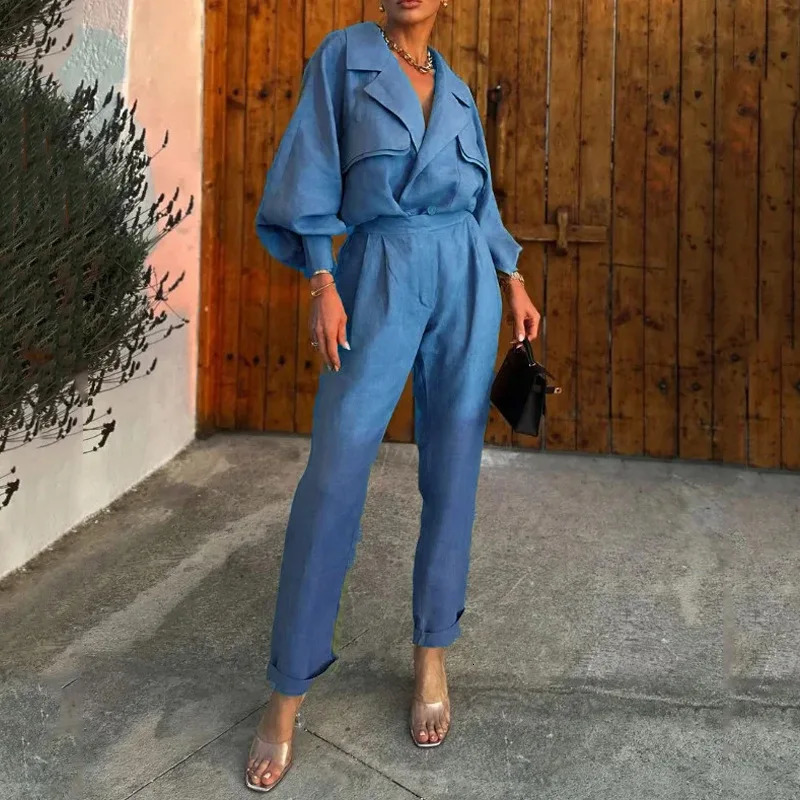 Two Piece Sets Women Pant Set Turn Down Collar Full Sleeve Tops Coats High Waist Long Pants Elegant Splice Slim Fit Summer 250715