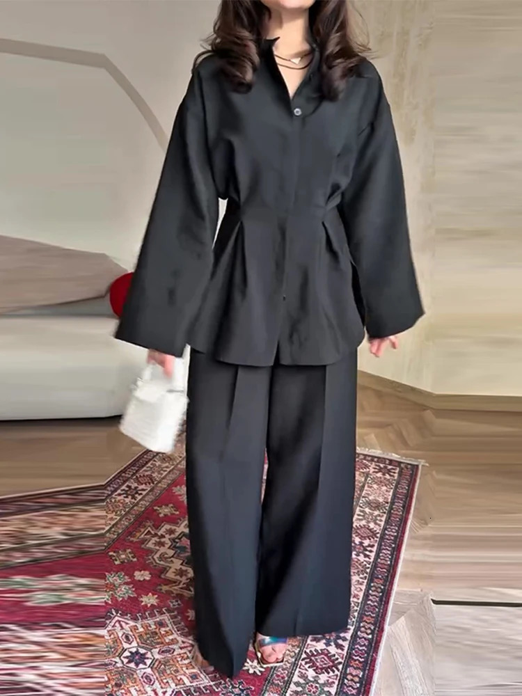 Fashion Womens Waist-Closed Trouser Suit Long Sleeve Button Pleated Wide Leg Pants Lady Set 2025 2 Pieces Set Women Outfits 250715