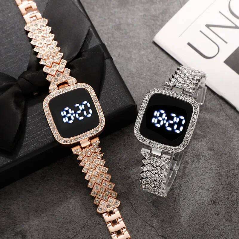 free shipping Rhinestone Digital Watches for Women Simple Touch Screen LED Fashion Steel Strap Rose Gold Ladies Watch Reloj Mujer fr