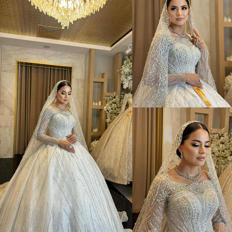 Sparkly A Line Women Wedding Dress Jewel Neck Long Sleeves Bridal Gowns Sequins Crystal Sweep Train Dress Custom Made vestidos de novia