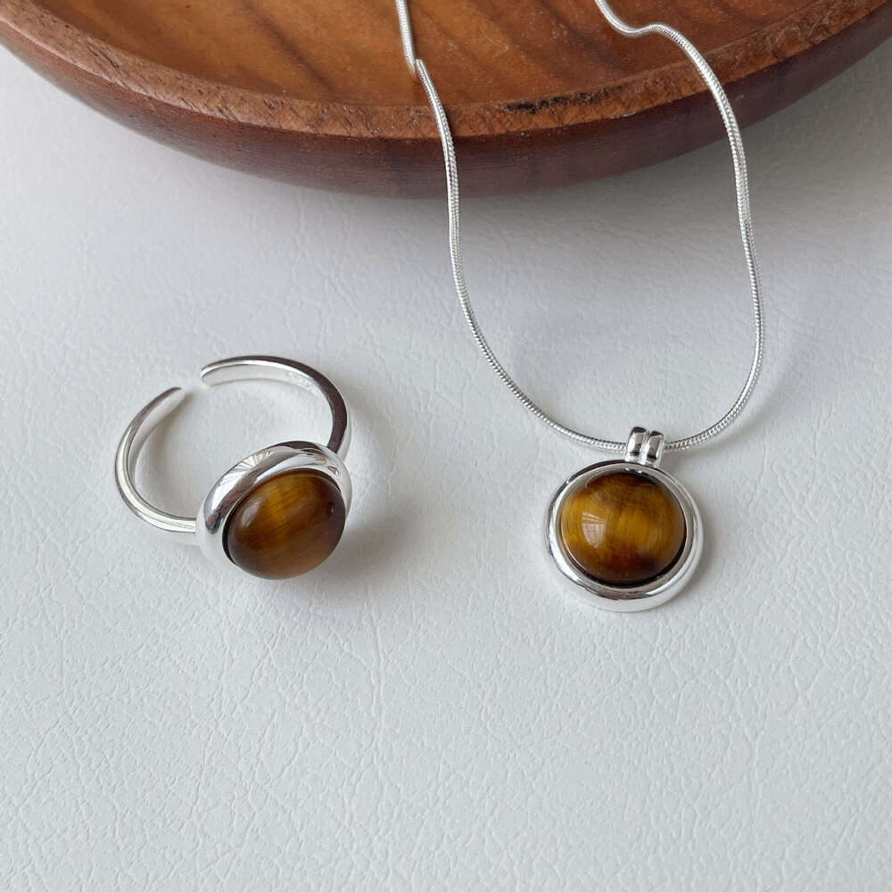 Tiqi S Pure Silver Niche Design Tiger Eye Stone for Women Ins Simple Personality Open Ring Trendy