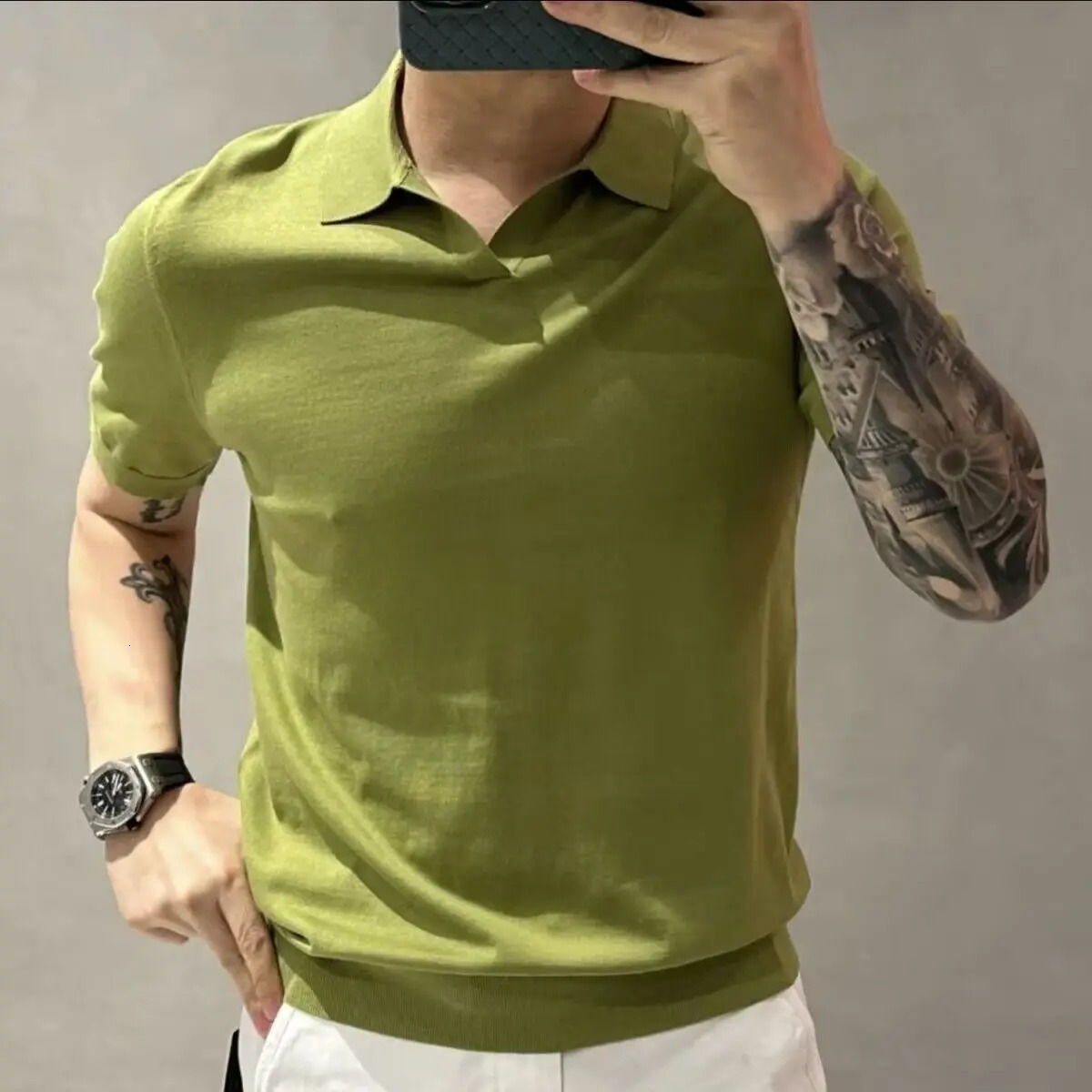 Mens Clothing Light Knitted Polo Shirt Casual Soild V-Neck Solid Jacquard Short Sleeve T-Shirt Breathable M-4XL 250715
