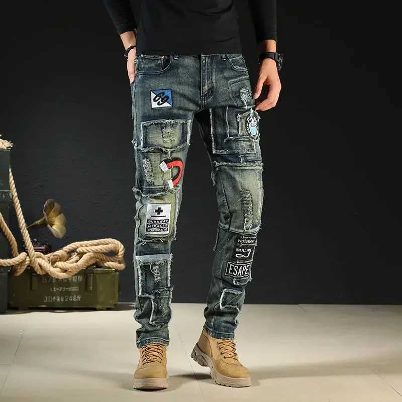 Male Cowboy Pants with Holes Trousers Torn Broken Punk Tapered Ripped Mens Jeans Washed Casual 2024 Trend Korean Autumn Goth Xs X250718