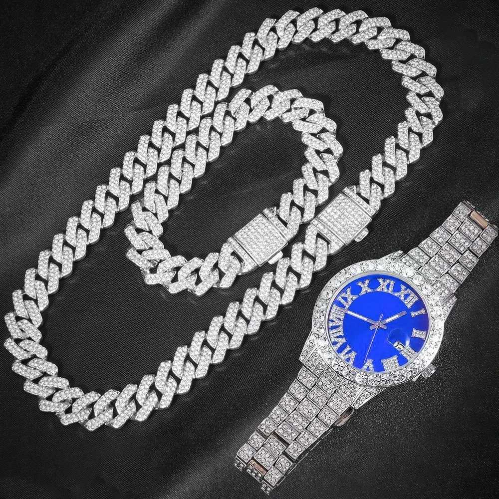 3pcs Cuban Chain Watch for Men Hip Hop mi Curb d Out Paved Rhinestones Rapper Cuban Necklace Matching Watch+Bracelet Jewelry X250718