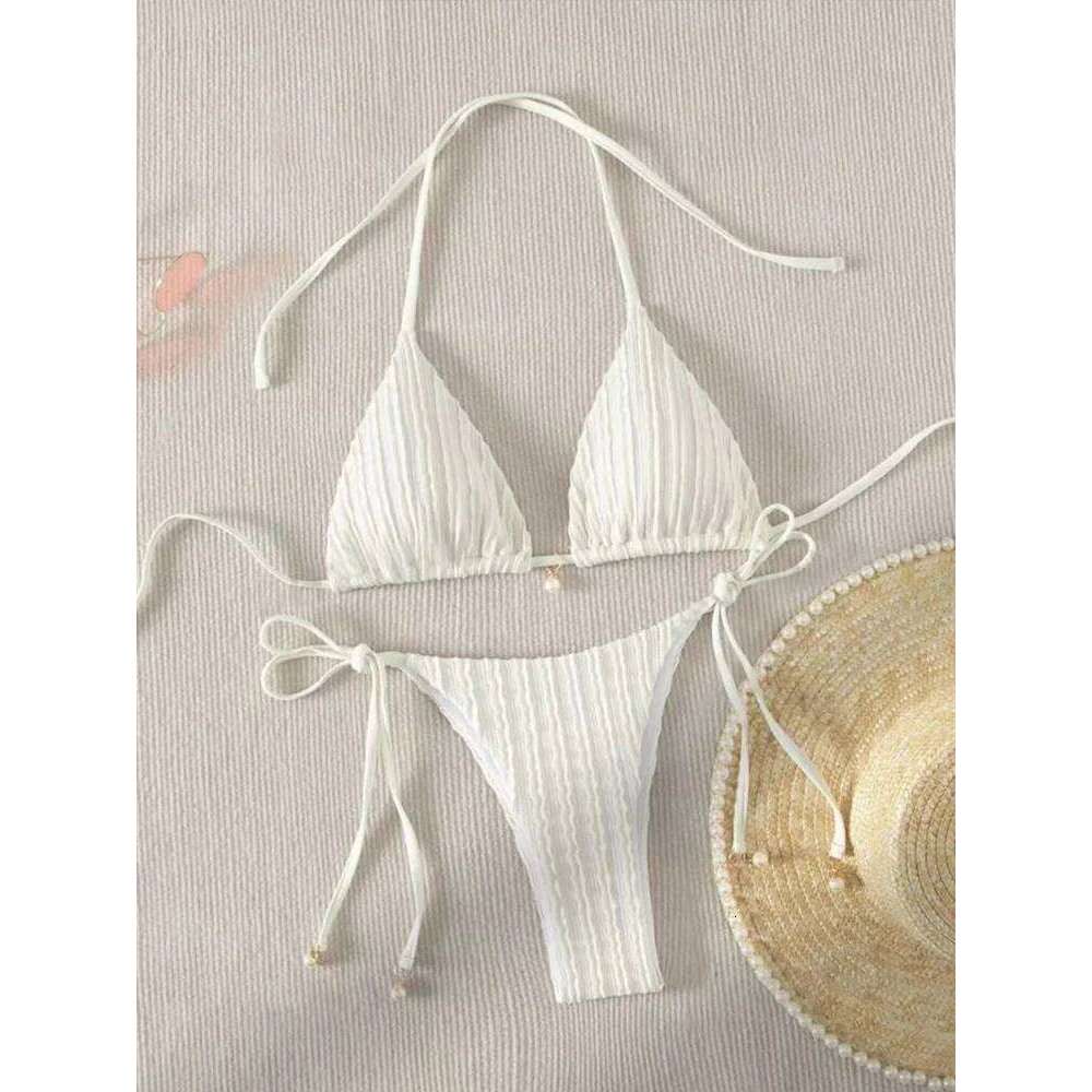 AOTVOTEE Sexy Backless 2 Pieces Women Laced Up Solid Split Swimsuit Beach Bikini 2025 New Summer Swimwear Bikinis Set