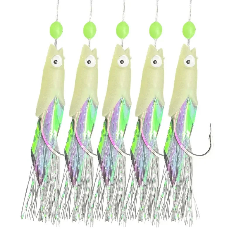 5 Hooks Sabiki Rigs Saltwater Fishing Lures Bait Real Fish Skin String Hook Mackerel Glow in The Dark Flash 250708