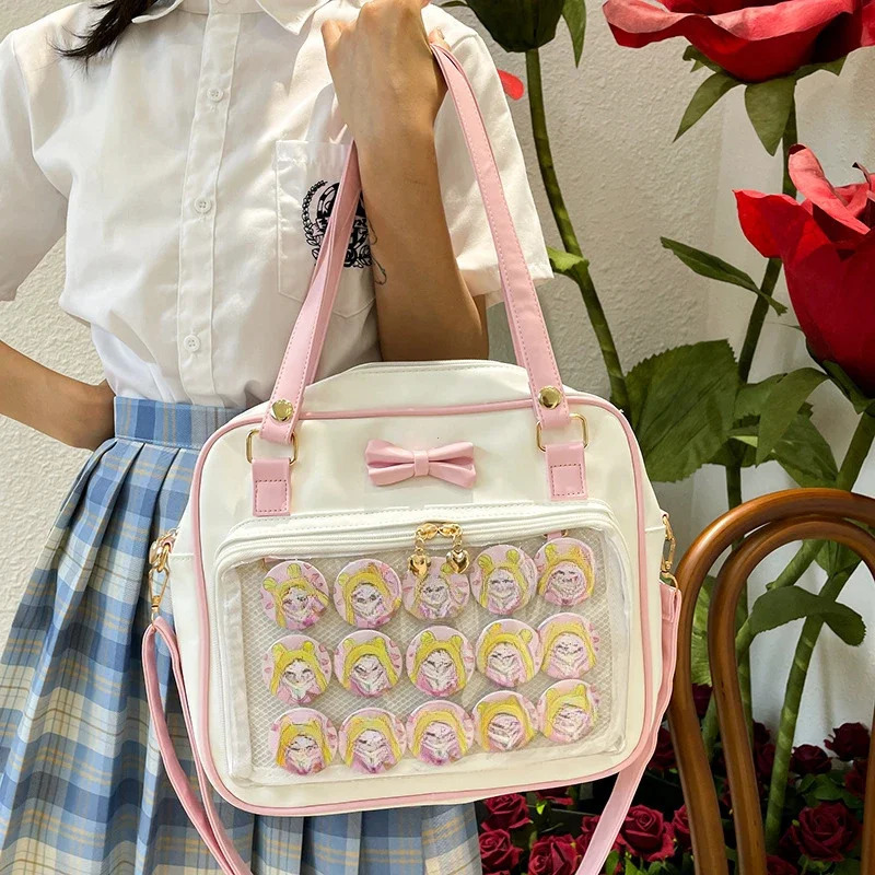Y2K Cute Bow Ita Bag Girl Transparent Shoulder Bag Women Fashion Shoulder Crossbody Bags Ladys DIY Badge Tote Bag Lolita Handbag 250714
