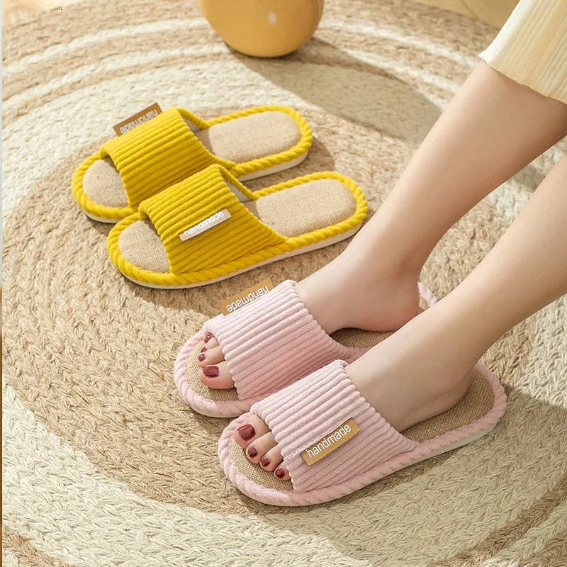 Striped Slippers Women Autumn Home Linen Flip Flops Couples Indoor House Non Slip Sandals Guest Shoes Male Flat Flax Sneaker 250717
