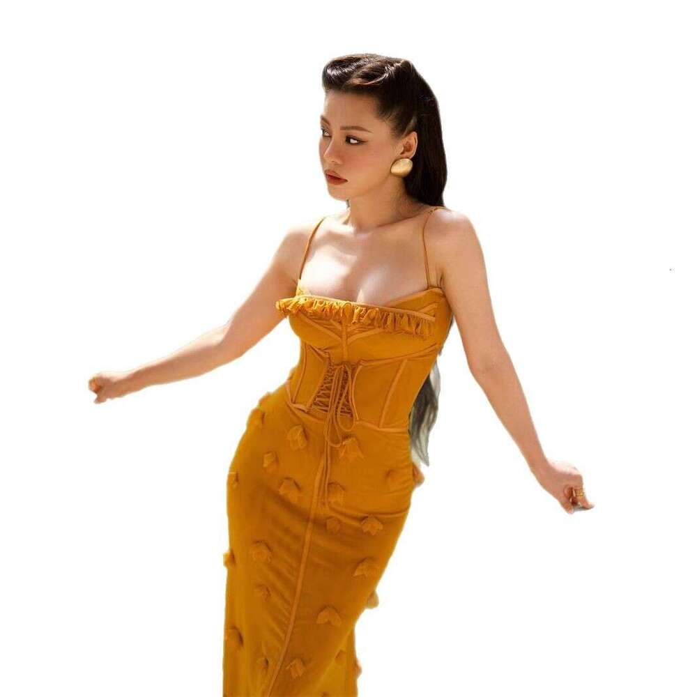 Spring Summer New Women's Vietnamese Niche Fishbone Strap Mesh Waist Slimming Floral Gown Long Dress B5