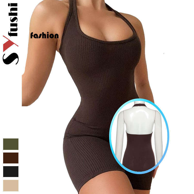 Fashion Summer Women's Solid Color Hollow Out Halter Sexy Slim Fit Backless One-Piece Sports Shorts B5 g7