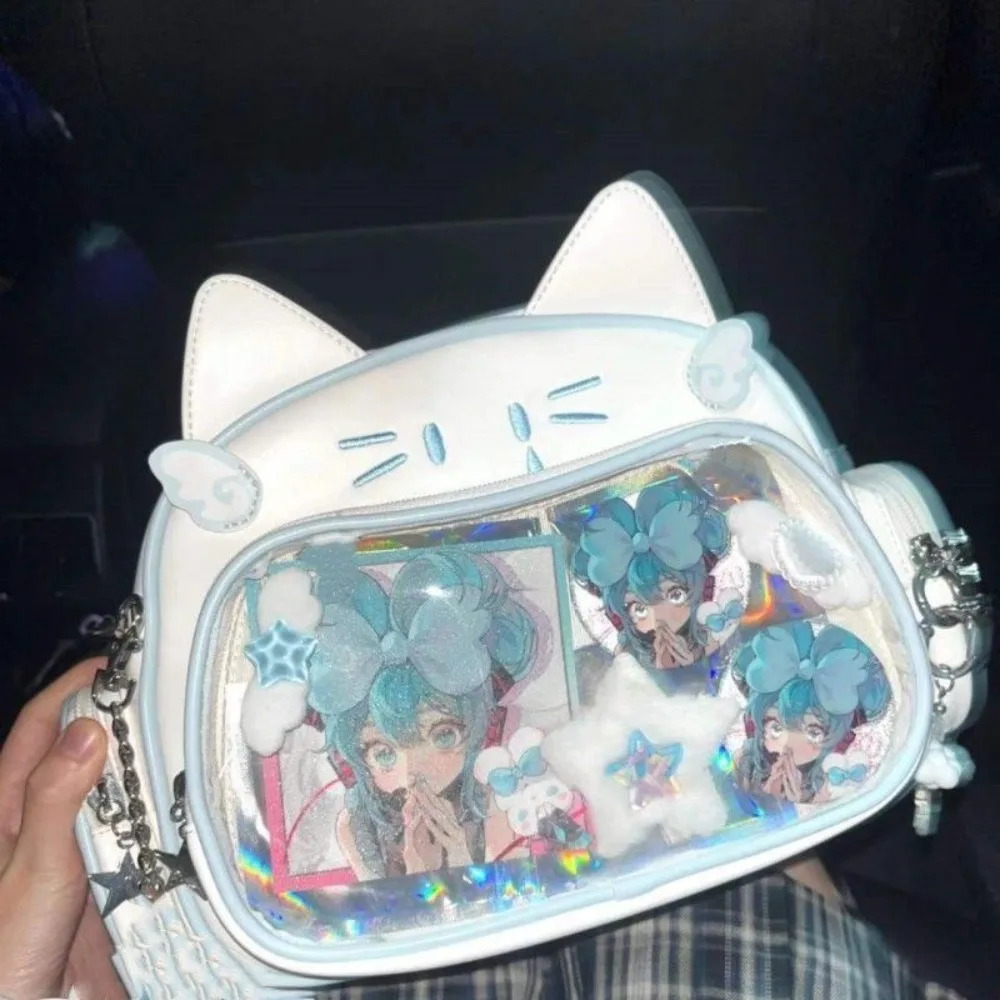 Y2K Korean Kawaii Cat Lolita Bag Cute PU Shoulder Bag Girls Transparent Pocket Harajuku Crossbody Bag Womens Fashion Backpacks 250714