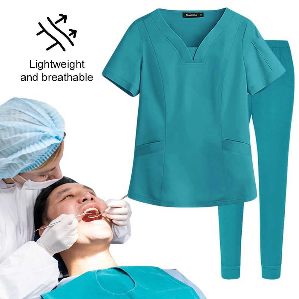 Unisex Medical Nurse Beauty Salon Workwear V-Neck Doctor Nurse Scrubs Set Hospital Surgical Work Clothes for Women Men Z250718