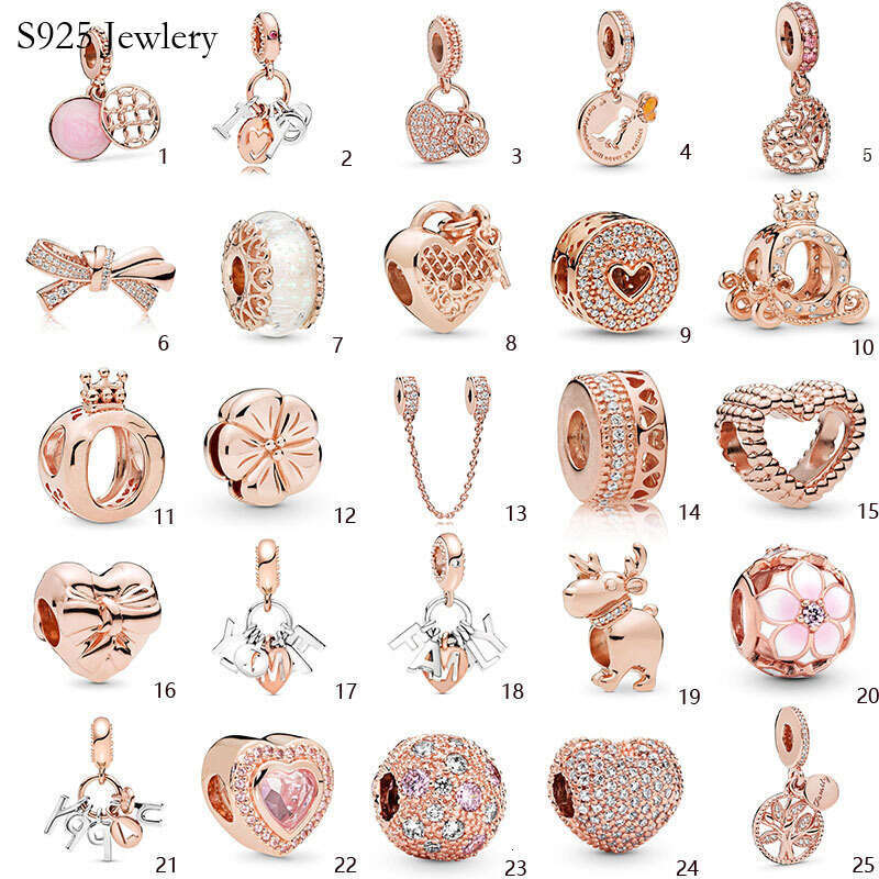 S925 925 Silver Fit Charm Bracelet Rose Gold Series Beads charms set Pendant DIY Fine Beads Jewelry