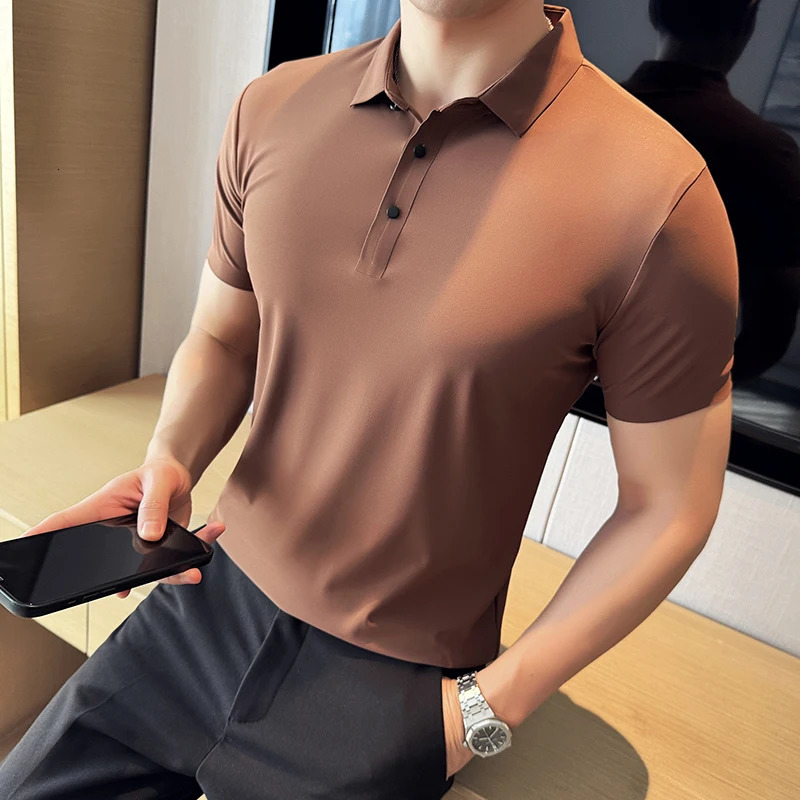 Ice Silk High Elastic Seamless T-shirt Summer Thin Polo Shirt Solid Color Polo Collar Short Sleeve Brown Top Business Leisure 250715