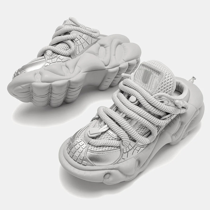 Super Soft Thick Sole WomenMen Sport Shoes Lace Up Breathable Mesh Sneaker Casual Slippers BlackSilver Platform Shoes 250717