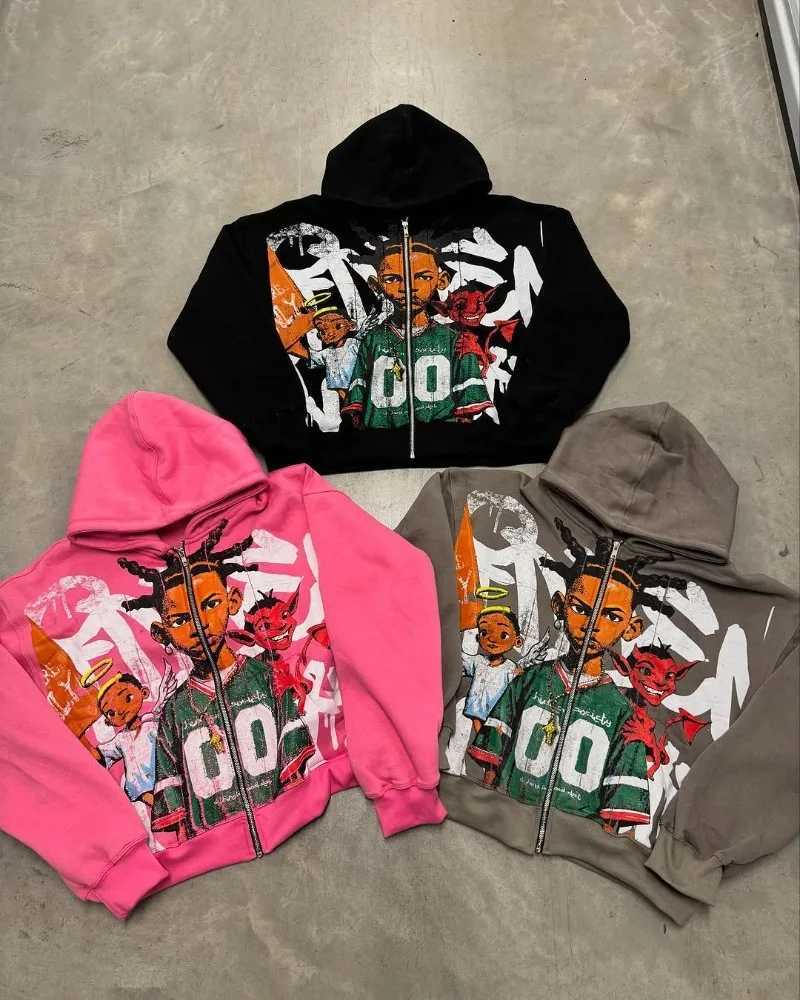 European and American Trendy Brand Hip-hop Cartoon Printed Fashion Zipper Hoodie Men Y2k Goth Hip-hop Oversized Sweatshirt Women X2507181