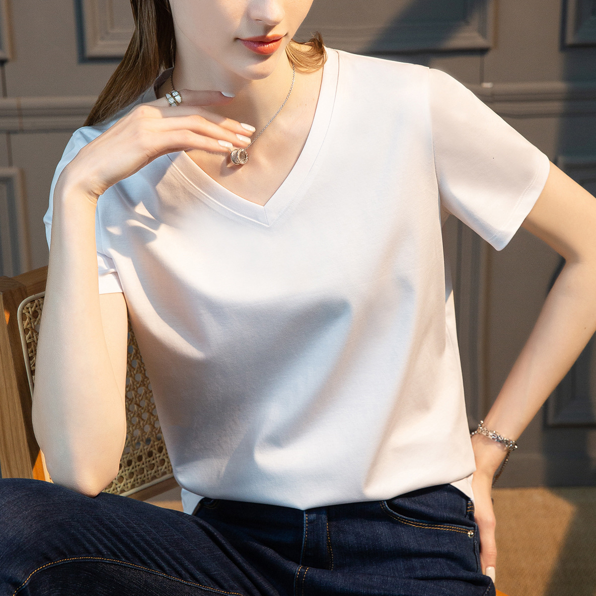 High-Count Mercerized Modal Short Sleeve White Summer Women's Loose Round Neck Cotton T-Shirt