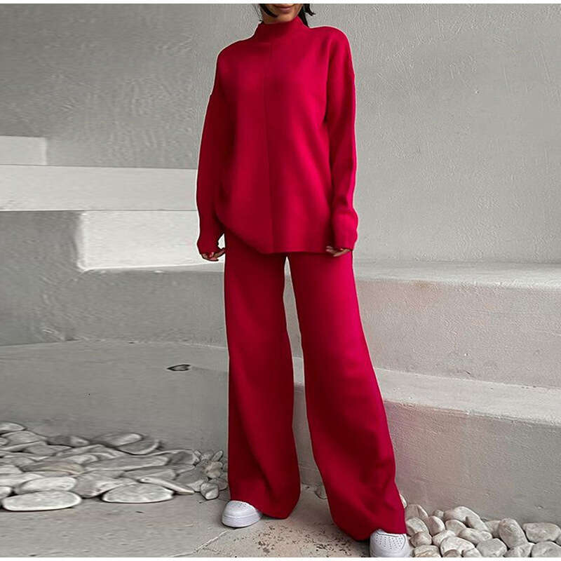 New Solid Color Knitted Pullover Turtleneck Sweater Set Loose Top + Pants For Women B5
