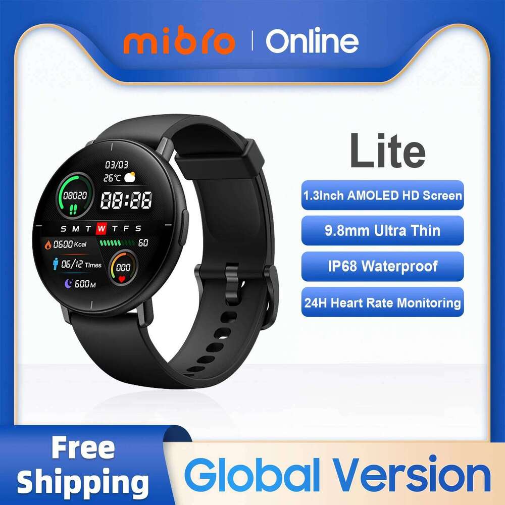 Mibro Lite Smartwatch Global Version 1.3Inch AMOLED HD Display IP68 Waterproof App Control Fiess Monitoring Bluetooth Watch free shipping