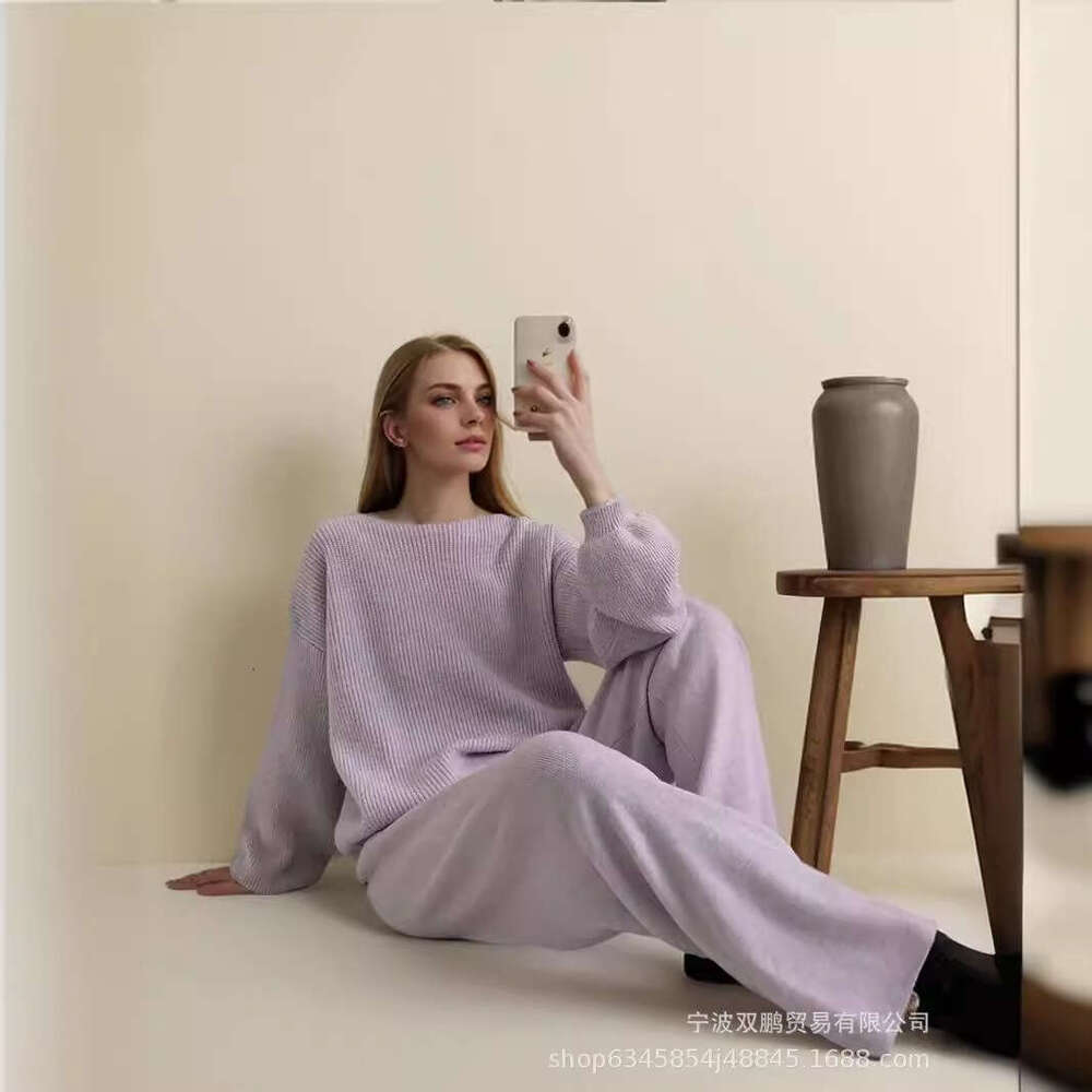 Loose Knit Set For Women Autumn Winter New Round Neck Sweater + Wide Leg Pants B5