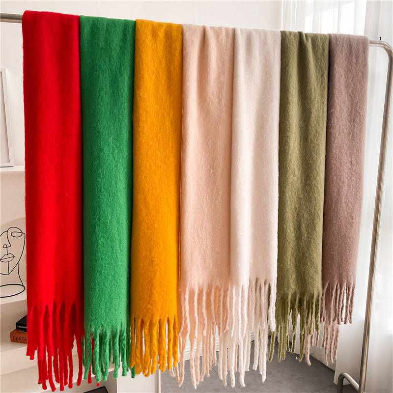 K1389 Wool scarf solid color all-match winter warm extended tassel scarf men and women European and American export thick beard scarf