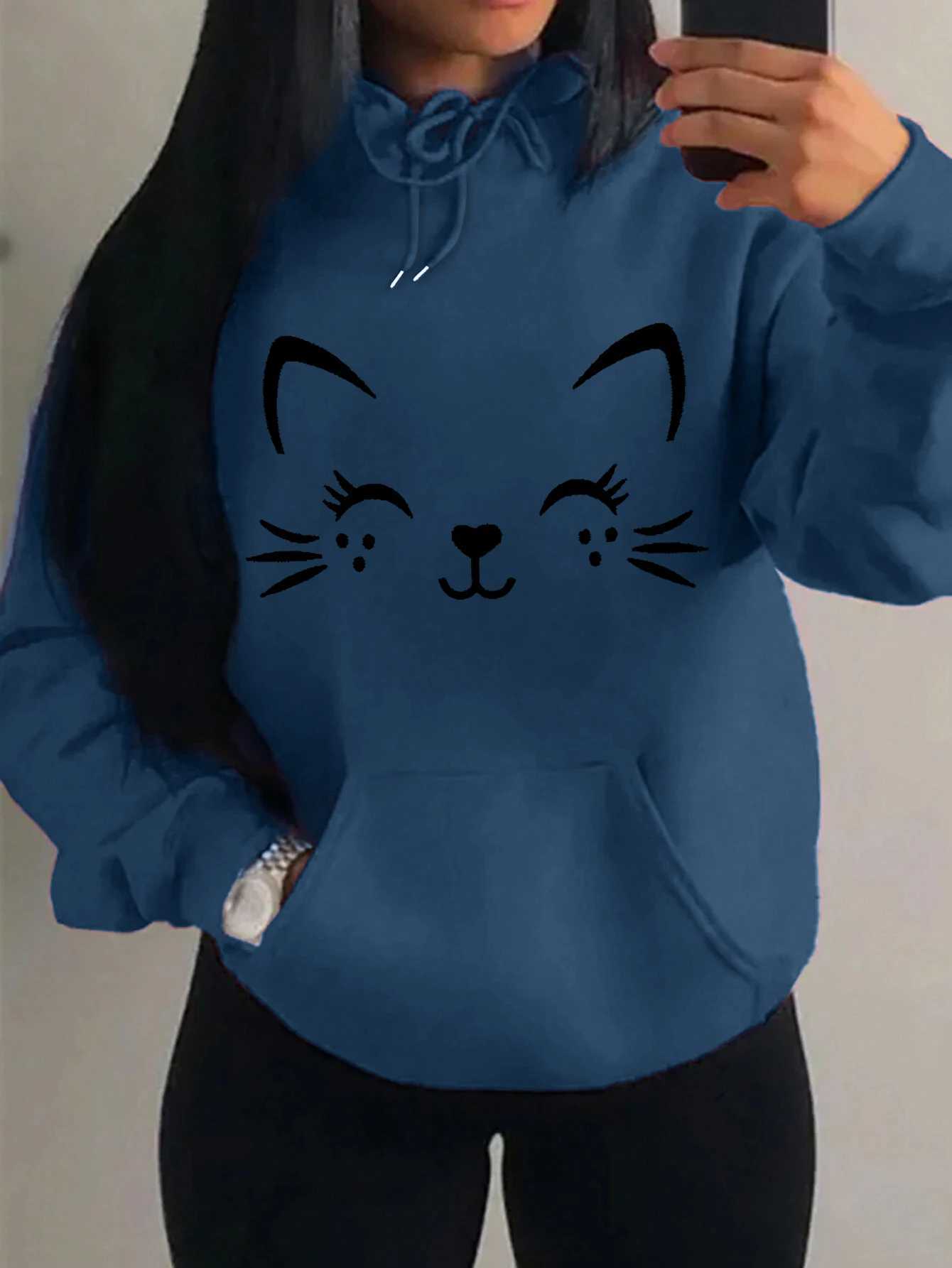 Simple Word Cat Smile Pattern Women Hoodies Fashion Casual Streetwear Personality Hip Hop Hoodie Trendy Face Pullover XJ250717