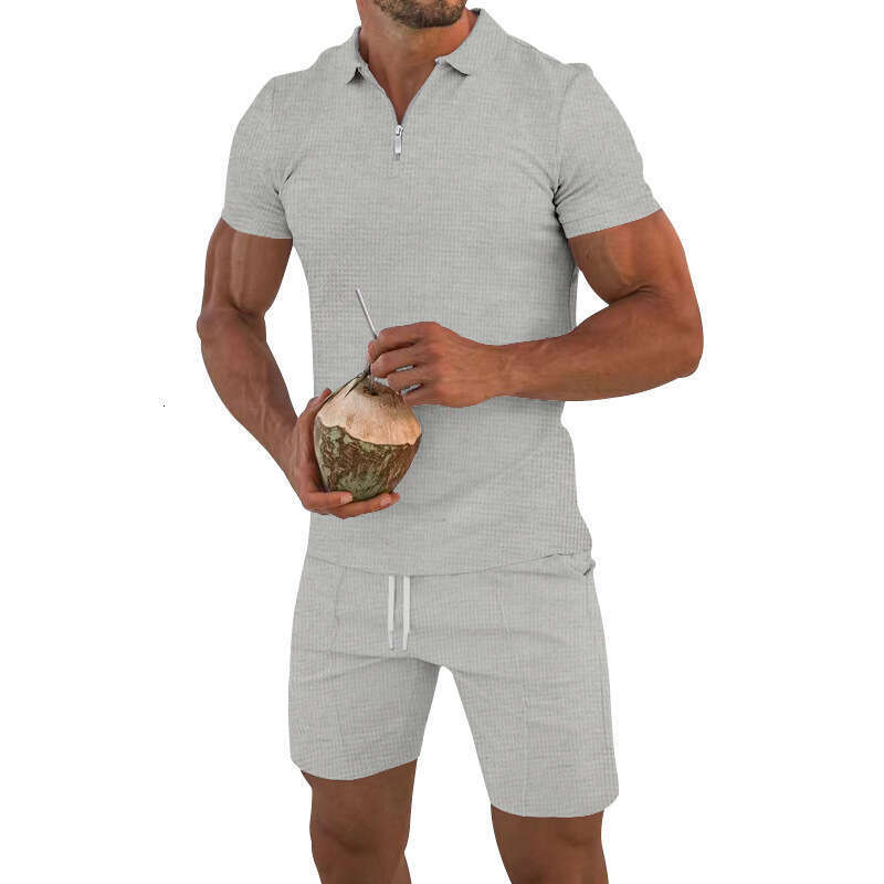 Summer Men's Zipper Polo T-Shirt Casual Loose Short Sleeve Shorts Sports Set B5