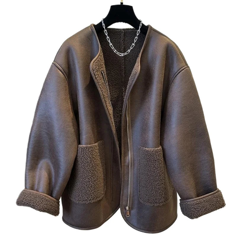 Womens Jacket Winter Warm Thicken Retro Coat Fashion Casual Loose Vintage Women Coats Round Neck Outerwears 250715