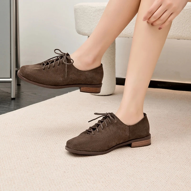 Women Loafer Lace-up 2025 Spring Shoes Women Suede Genuine Leather Women Oxford Shoes Large Size British Style Women Shoes 250717