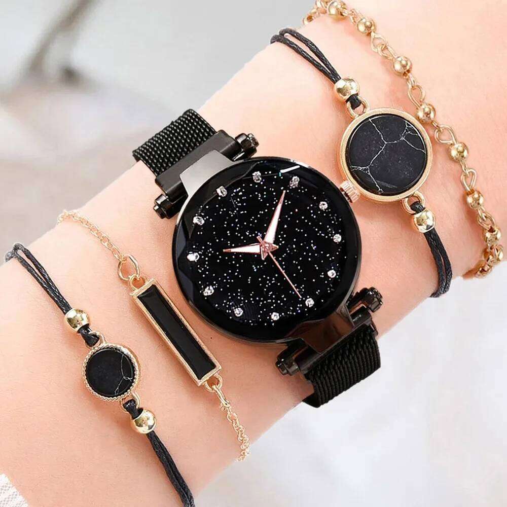 free shipping 5pcs Fashion Starry Sky Watches Magnet Buckle Mesh Belt Dia Quartz Watch Women Dress Clock Wristwatches for Girl Gift