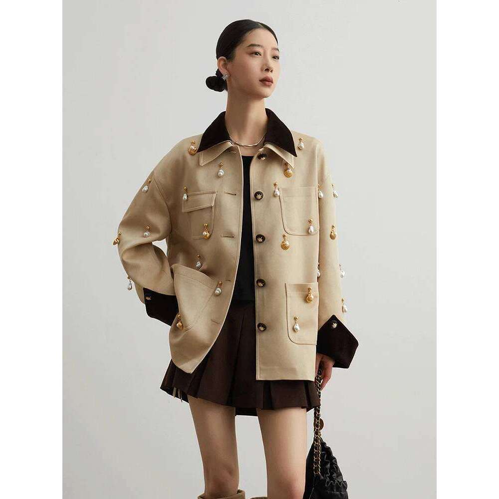 Elegant Women Pearl Embellished Jacket Long Sleeve Button Down Pocket Coat Contrast Collar Vintage Style Outerwear for Ladies