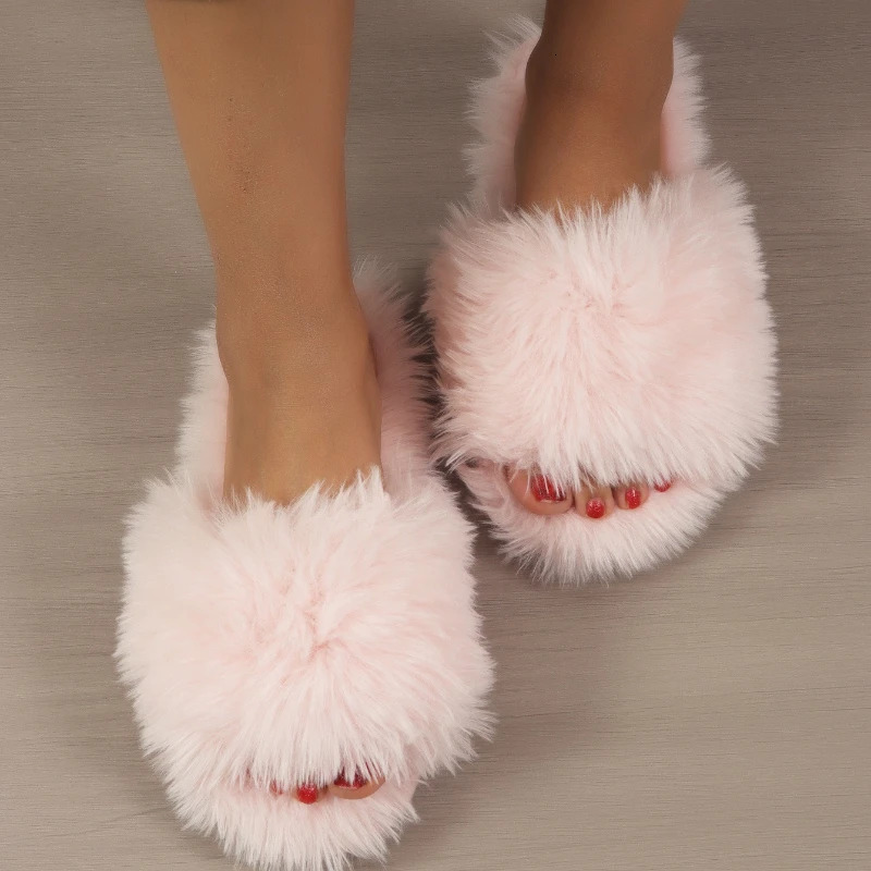 2025 Womens Faux Fur Fluffy Slippers Autumn Winter Home Floor Shoes Soft EVA Sole Light Weight Female Fashion Slides 250717