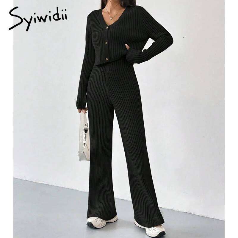 Syiwidii Autumn Women Suits Casual V Neck Single Breasted Tops High Waist Straight Pants Fashion Elegant Commuting 2 Piece Sets MDNG