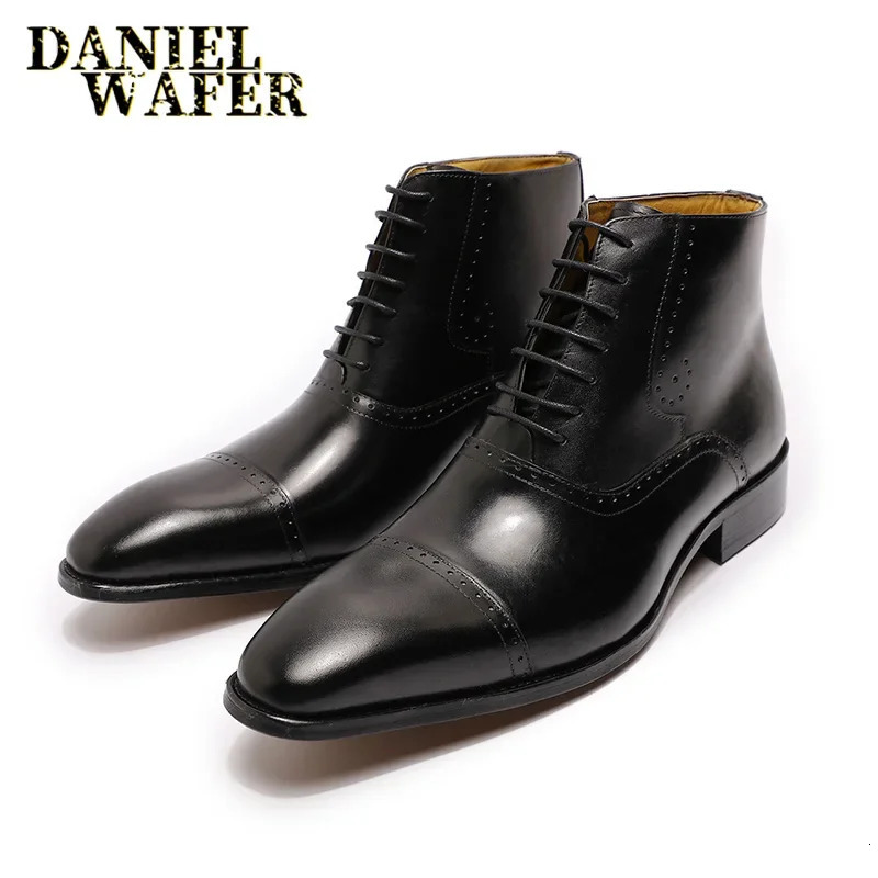 Fashion Mens Ankle Boots Formal Dress Leather Shoes Western Cowboy Style Lace-Up Casual Brown/Black Boots for Men 250715