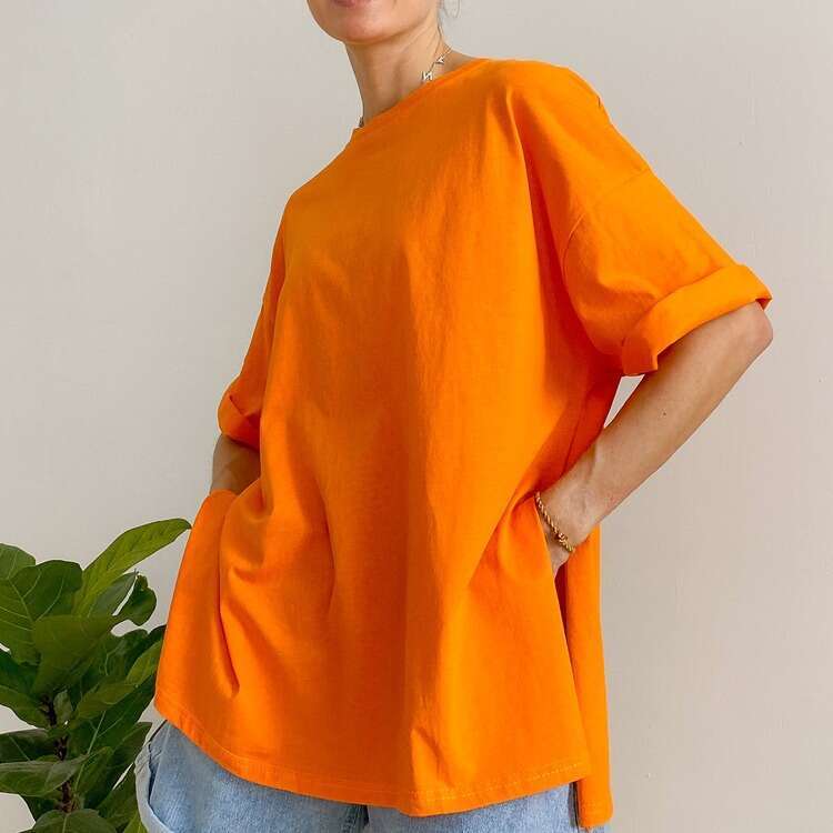 Summer Loose Split Cotton Short Sleeve For Women Comfortable Round Neck Solid Color T-Shirt B5