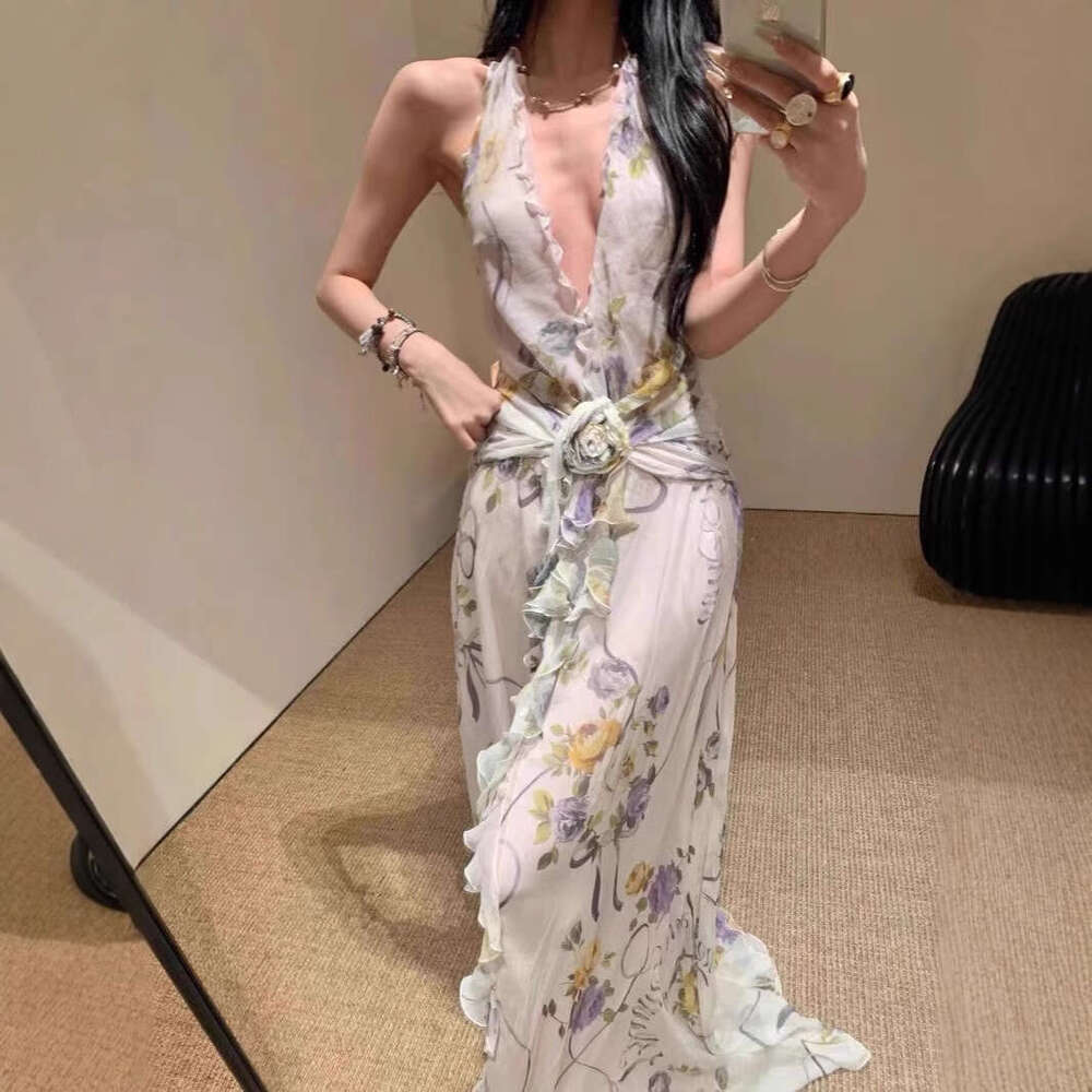 Vietnam Niche Elegant Temperament Halter Backless For Women V-Neck Floral Ruched Three-Dimensional Flower Long Dress B5