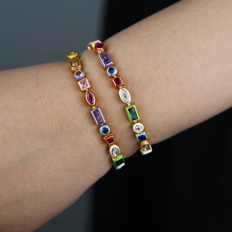 Summer Fashion Rainbow Colorful CZ Tennis Chain Bracelet For Women Girl Iced Out Bling Geometric Cubic Zirconia Jewelry 2025 250717