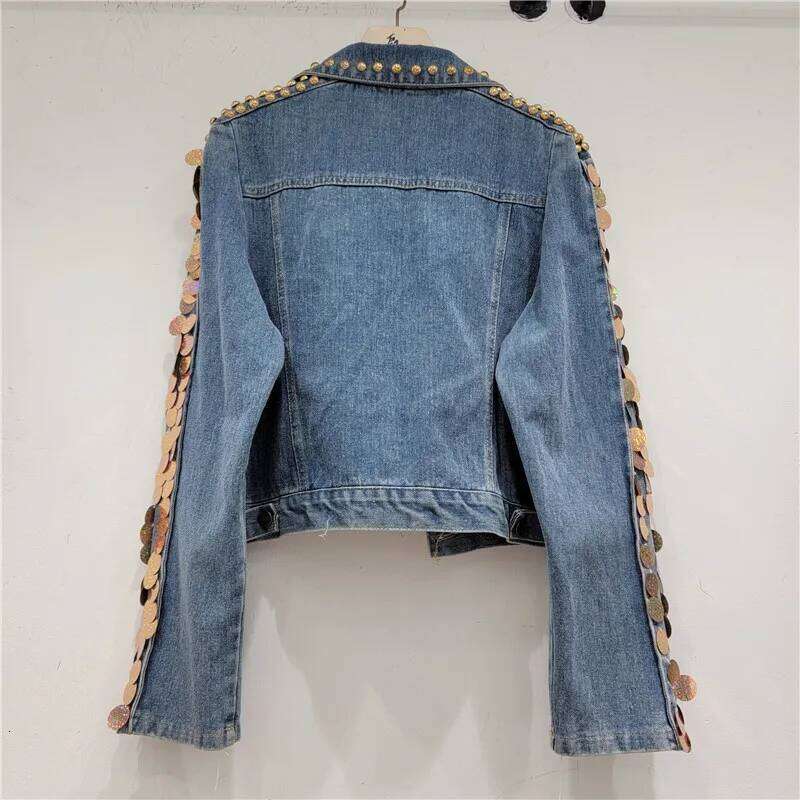 Women Rainbow Dias Beaded Denim Jacket Rhinestones Rivets Jeans Bright Green Sequined Sleeve Cowboy Coat Cardigan Tops